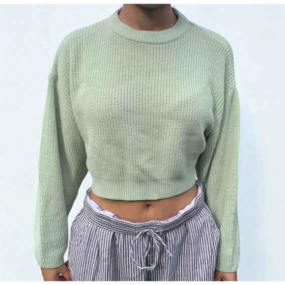 H&M Puff Sleeve Crop Ribbed Knit Sweater Pale Green Size Small Excellent Cond. - Picture 1 of 4
